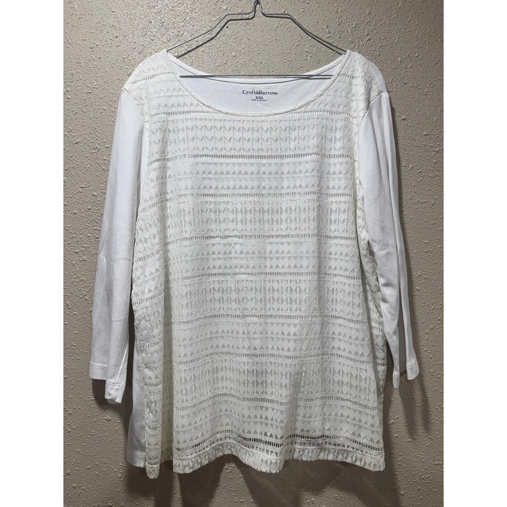 Croft & Barrow Womens XXL White Lace Front 3/4 Sleeve Scoop Neck Top Blouse